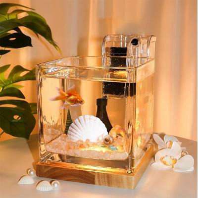 0.81Gallon Fish Tank Kit Desk Aquarium Set Small Glass for Kids Beginner Square Betta Fish Bowl with Wooden Base LED Lig